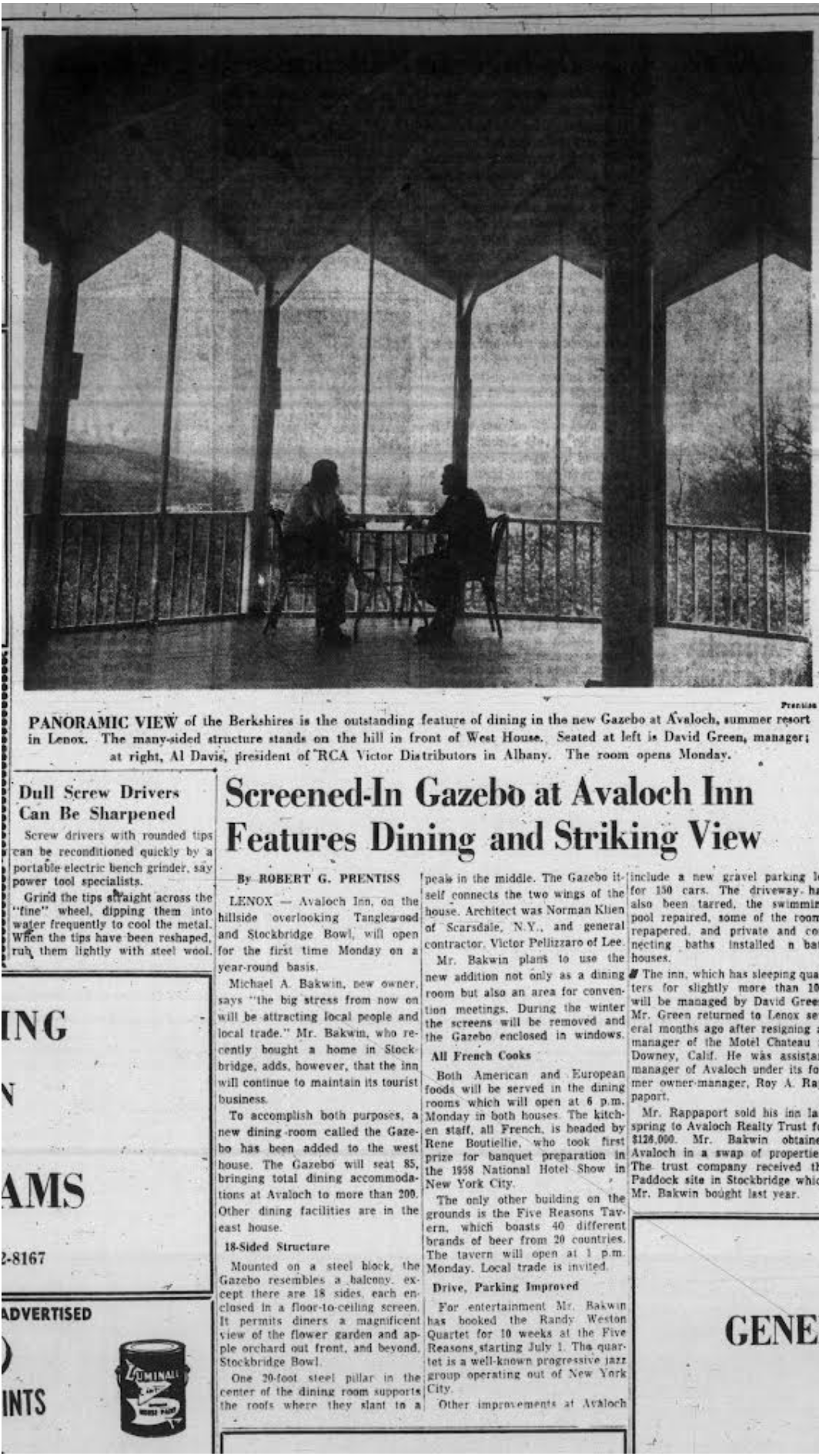 Berkshire Eagle clip from the opening of the Round Room (then the Gazebo), 1963